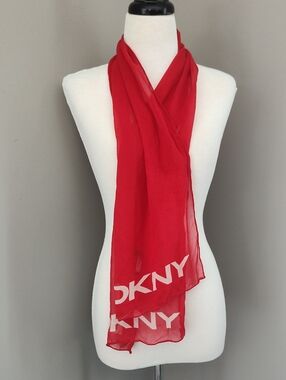 DKNY Red Sheer Crepe Fabric Scarf Featuring Designer Logo